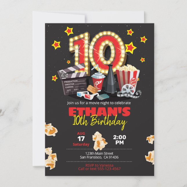 Movie night, Theatre - 10th Birthday Invitation (Front)