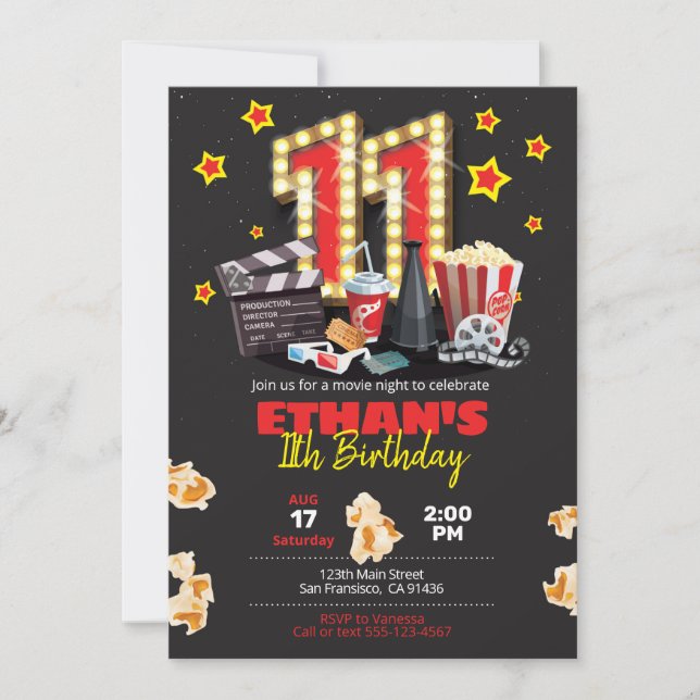 Movie night, Theatre - 11th Birthday Invitation (Front)
