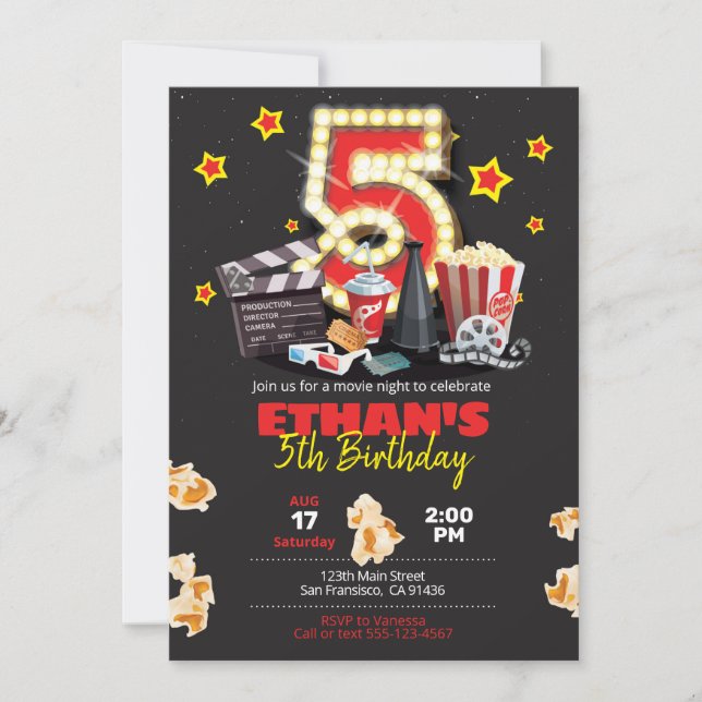 Movie night, Theatre - 5th Birthday Invitation (Front)