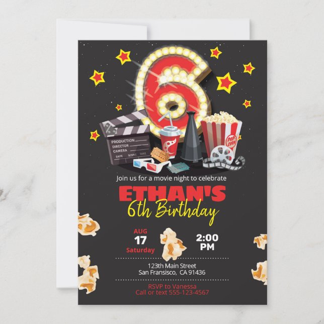 Movie night, Theatre - 6th Birthday Invitation (Front)