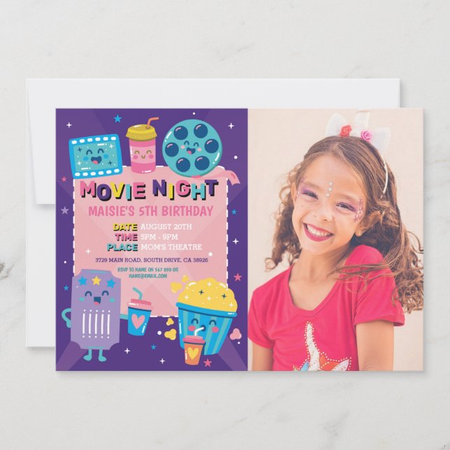 Movie Night Ticket Purple Cinema Birthday Photo Invitation (Front)