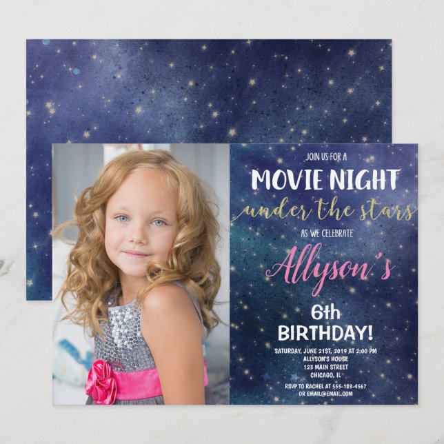 Movie night under the stars photo birthday invitation (Front/Back)