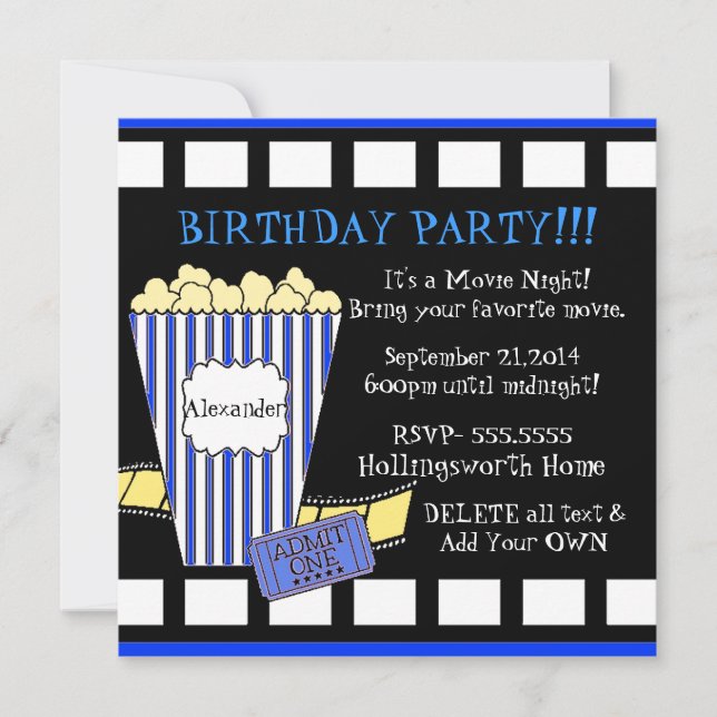 Movie Night With Popcorn and Film Strip in Blue Invitation (Front)
