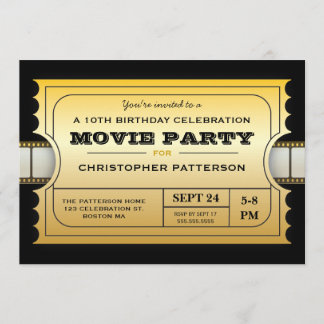 Movie Party Birthday Party Admission Gold Ticket Invitation
