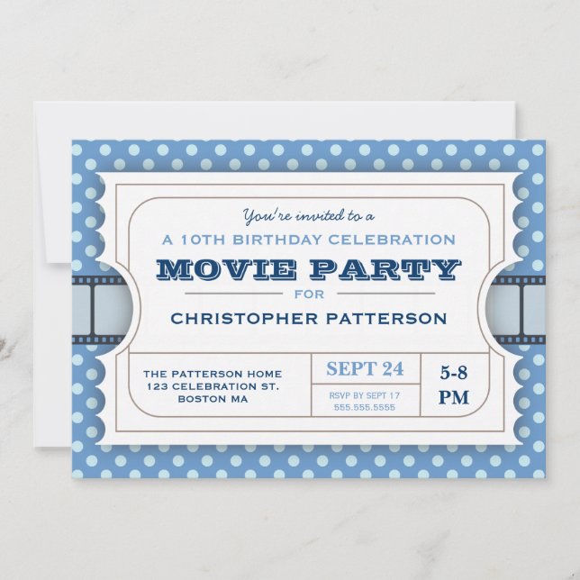 Movie Party Birthday Party Admission Ticket | Blue Invitation (Front)