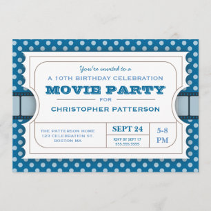 Movie Party Birthday Party Admission Ticket   Blue Invitation