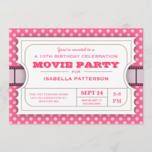 Movie Party Birthday Party Admission Ticket   Pink Invitation