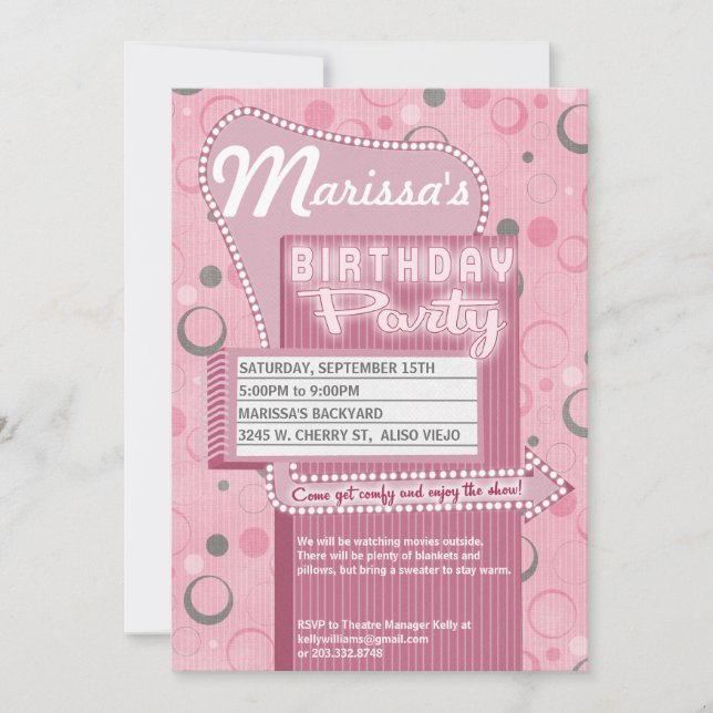 Movie Party Invitation Retro Drive In Marquee (Front)