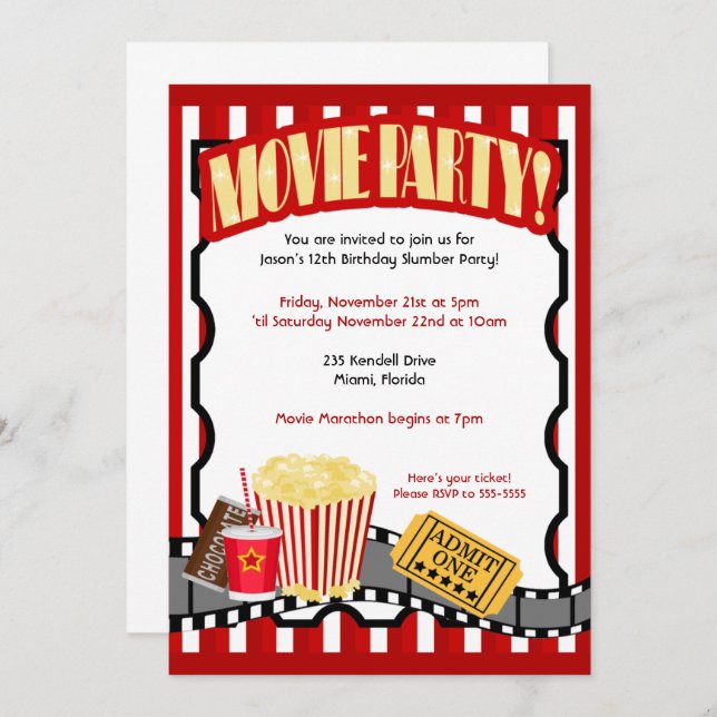 MOVIE PARTY Ticket Birthday Invitations *Updated* (Front/Back)