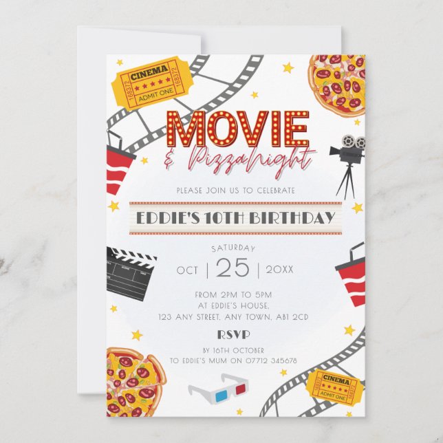 Movie & Pizza Night Birthday Party Invitation (Front)