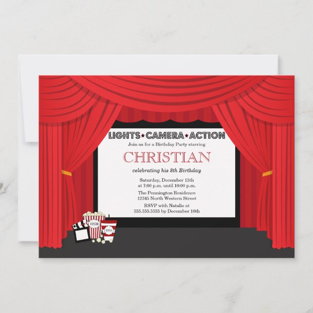 Movie screen and curtain birthday party invitation (Front)