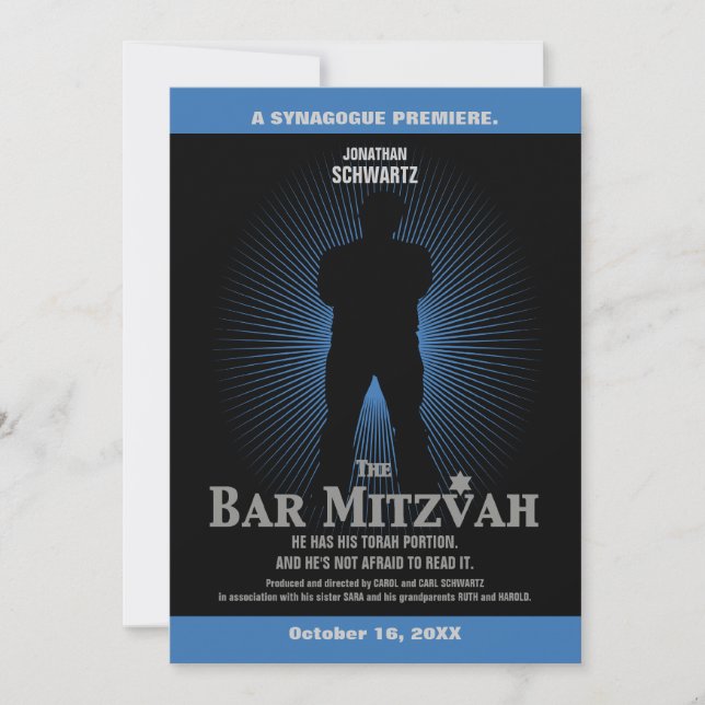 Movie Star Bar Mitzvah Invitation Black Navy Blue (Front)