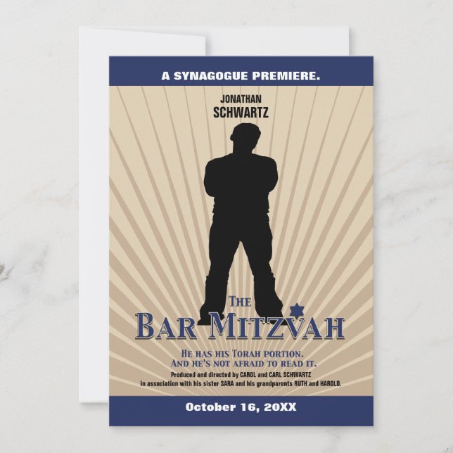Movie Star Bar Mitzvah Invitation Tan Navy (Front)