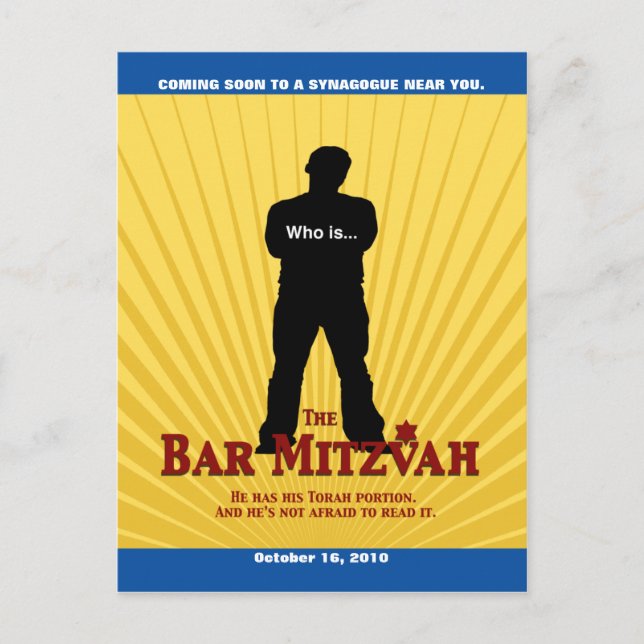 Movie Star Bar Mitzvah Save the Date Yellow Blue Announcement Postcard (Front)