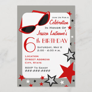 Movie Star Red Sunglasses & Stars Girl's Birthday Invitation