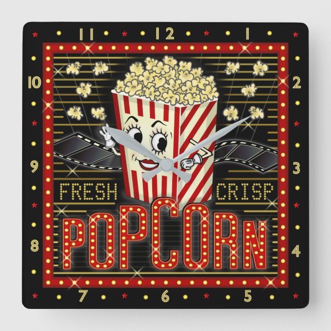 Movie Theater Marquee Home Cinema Popcorn Square Wall Clock (Front)