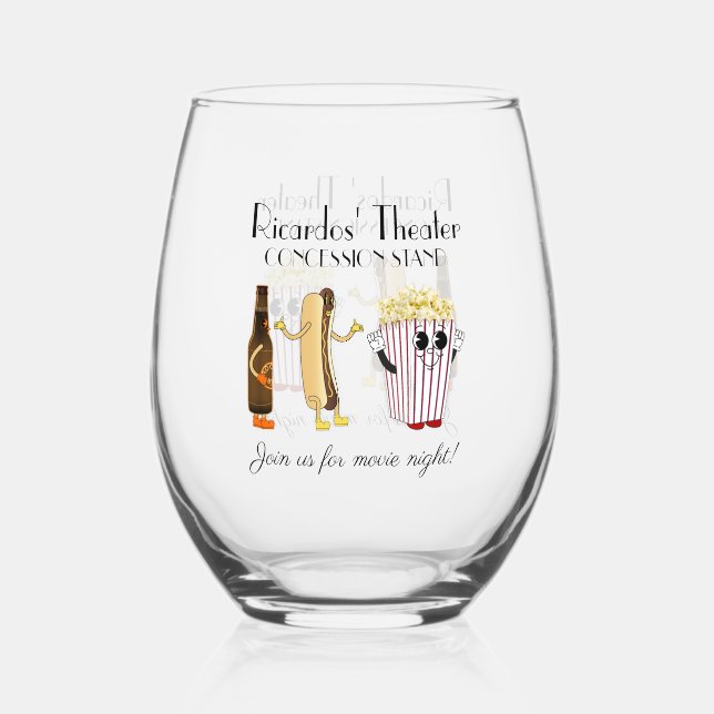 Movie Theatre Concession Stand Hotdog Popcorn  Stemless Wine Glass (Front)