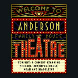 Movie Theatre Marquee Home Cinema | Custom Name Poster<br><div class="desc">Enjoy family movie night in style with this original theatre / theatre wall poster. Made to look like a retro cinema marquee with faux lights and lots of sparkle, this personalised poster is the perfect ritzy accessory for any movie buff. The main colour scheme is red, gold and black. All...</div>