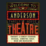Movie Theatre Marquee Home Cinema | Custom Name Poster<br><div class="desc">Enjoy family movie night in style with this original theatre / theatre wall poster. Made to look like a retro cinema marquee with faux lights and lots of sparkle, this personalised poster is the perfect ritzy accessory for any movie buff. The main colour scheme is red, gold and black. All...</div>