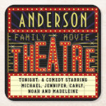 Movie Theatre Marquee Home Cinema | Custom Name Square Paper Coaster<br><div class="desc">Enjoy family movie night in style with these original theatre / theatre drink coasters. Made to look like a retro cinema marquee with faux lights and lots of sparkle, these personalised coasters are the perfect ritzy accessory for any movie buff. The main colour scheme is red, gold and black. All...</div>