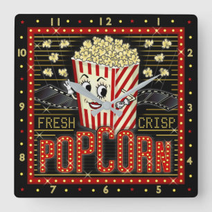 Movie Theatre Marquee Home Cinema Popcorn Square Wall Clock