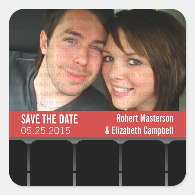 Movie Theatre Photo Save the Date Stickers, Red Square Sticker (Front)