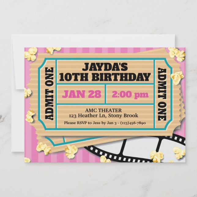 Movie theatre ticket pink invitation (Front)