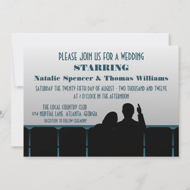 Movie Theatre Wedding Invite, Blue Invitation (Front)