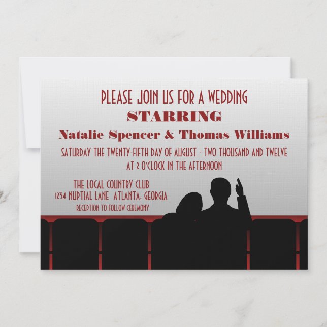 Movie Theatre Wedding Invite, Red Invitation (Front)