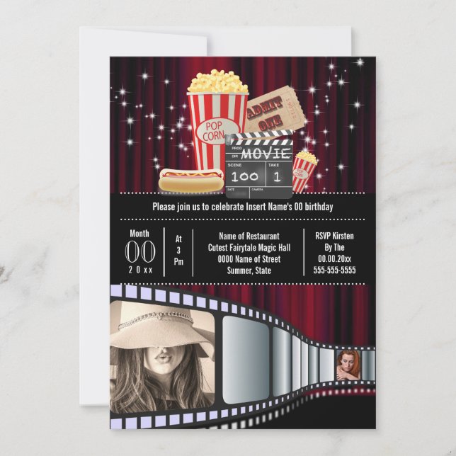 Movie theme 2 photo strip cinema popcorn party invitation (Front)