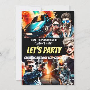 Movie theme action thriller poster adults birthday invitation