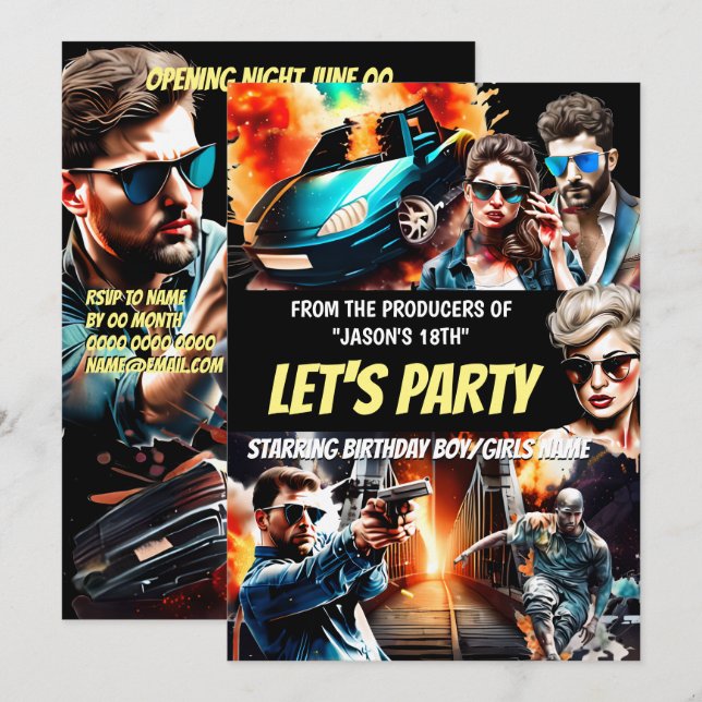 Movie theme action thriller poster adults birthday invitation (Front/Back)