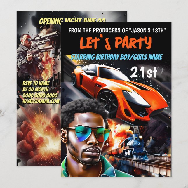 Movie theme high drama action cars gangsters invitation (Front/Back)