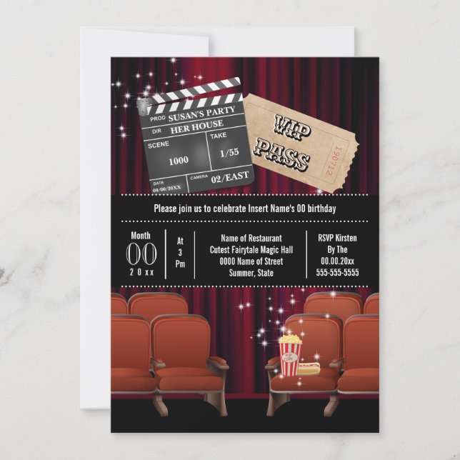Movie theme inside cinema ticket popcorn party invitation (Front)