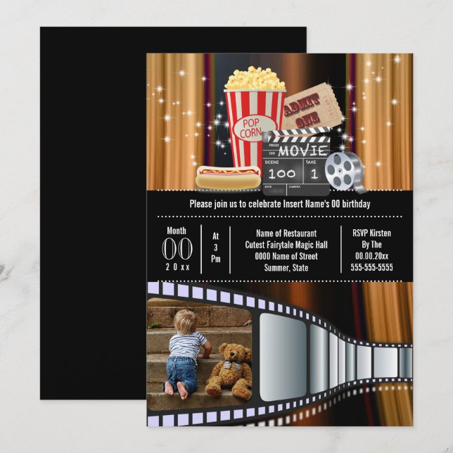 Movie theme photo film cinema popcorn party invitation (Front/Back)