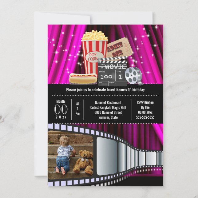 Movie theme photo film cinema popcorn party pink invitation (Front)