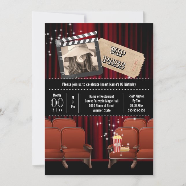 Movie theme photo inside ticket popcorn party invitation (Front)