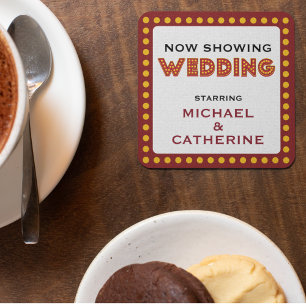 Movie Theme Wedding Marquee Sign Square Paper Coaster