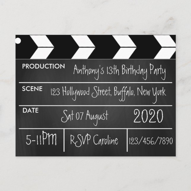 Movie Themed Birthday Party Chalkboard Postcard (Front)
