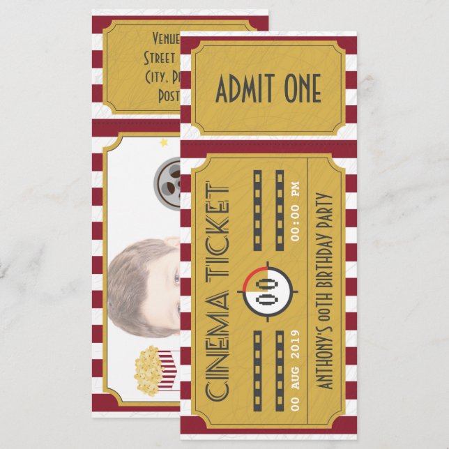 Movie Ticket Birthday Party add photo Invitation (Front/Back)