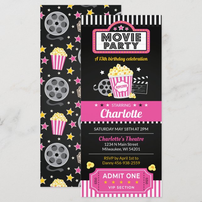 Movie Ticket Invite, Movie Night Invitation Pink (Front/Back)