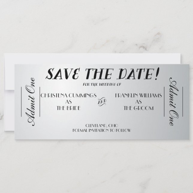 Movie Ticket Save the Date Announcement (Silver) (Front)