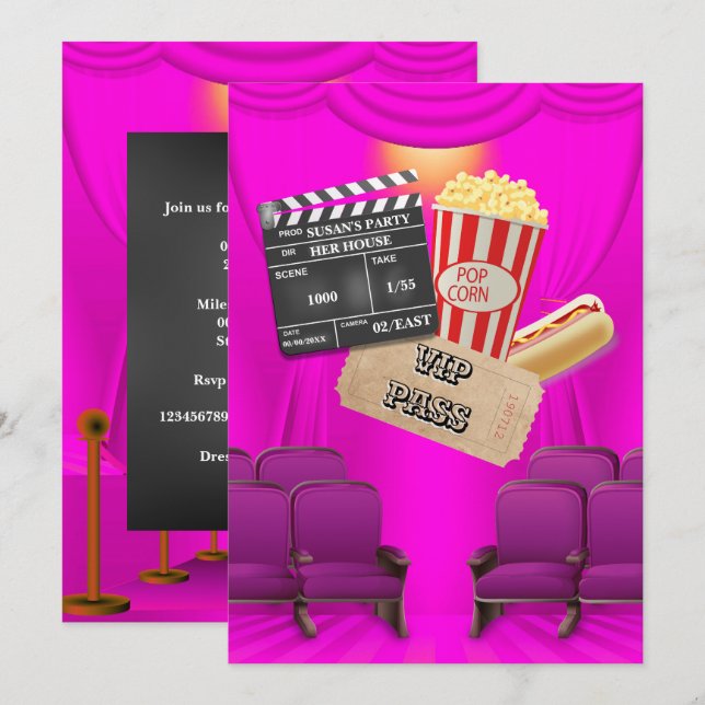 Movie VIP popcorn ticket clapper board girls party Invitation (Front/Back)