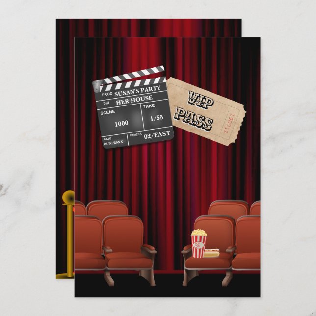 Movie VIP popcorn ticket clapper board screening Invitation (Front/Back)