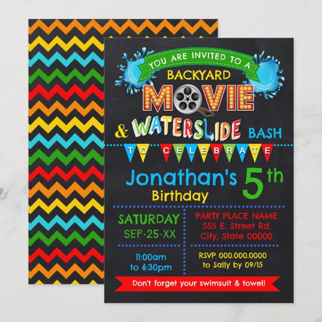 Movie Waterslide Birthday Party Bash Primary Colou Invitation (Front/Back)