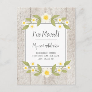 Moving Announce Rustic Wood White Yellow Flowers Postcard