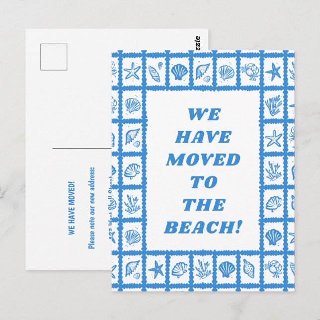MOVING ANNOUNCEMENT ADDRESS Blue Seashells Beach Postcard (Front/Back)