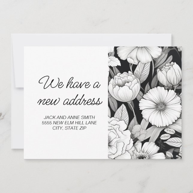 Moving Announcement Black White Flowers (Front)