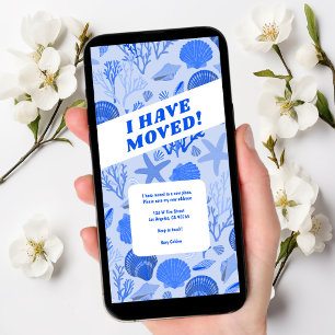 MOVING ANNOUNCEMENT Blue Seashells Beach Tree-Free