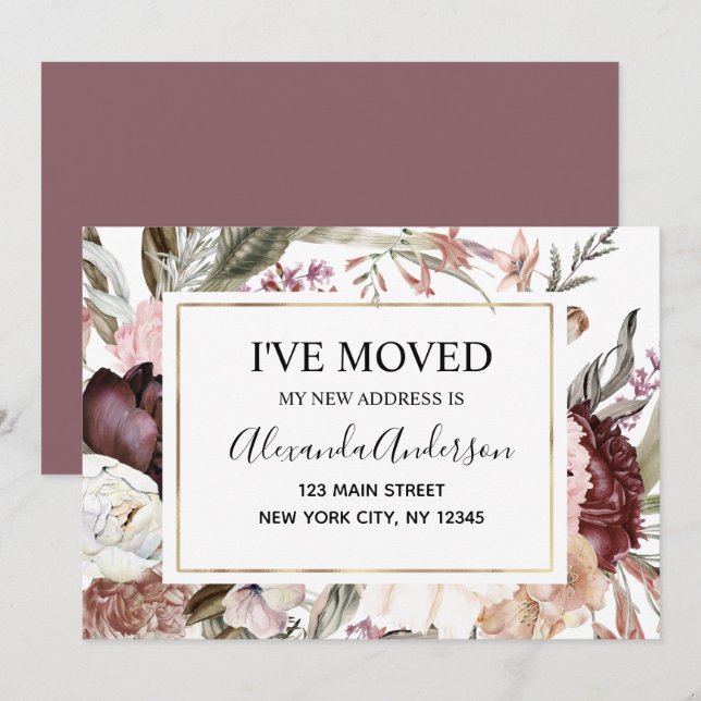 Moving Announcement Boho Mauve Floral (Front/Back)
